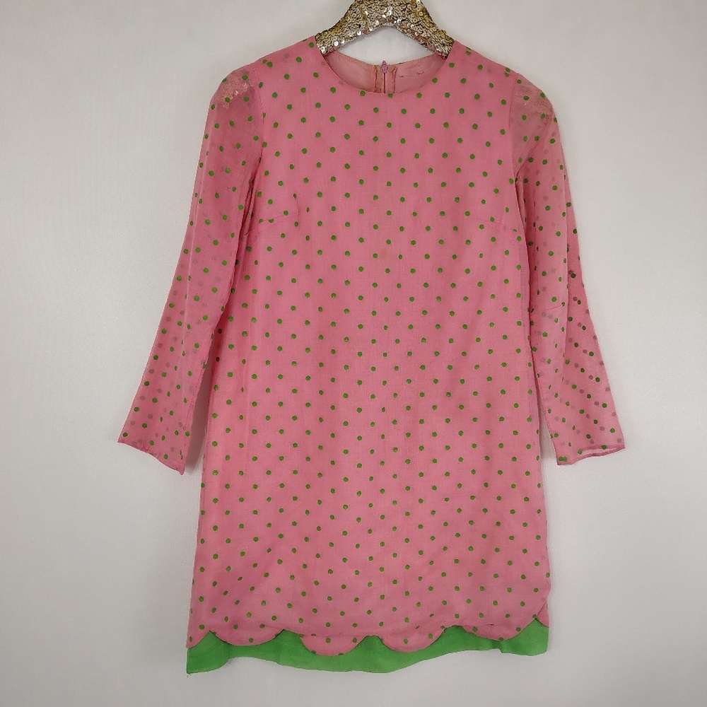 Vintage 60s Homemade Weekend Pink Watermelon Polka Dot Mini Dress Mod Go Go - Picture 2 of 9